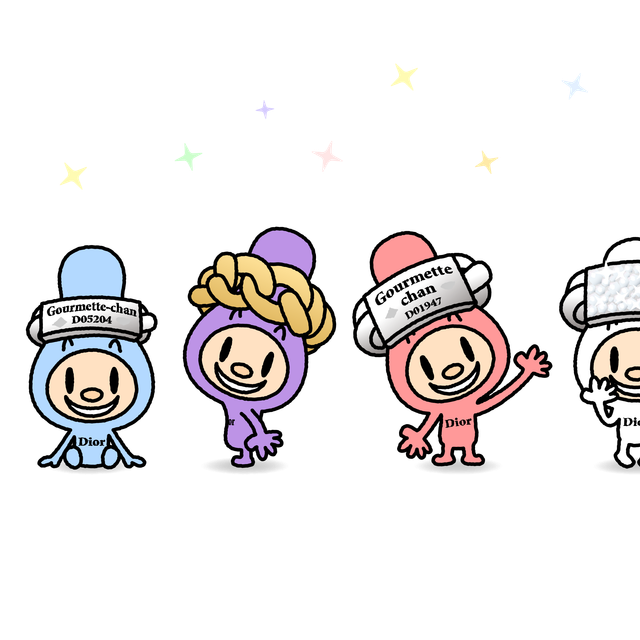 青、紫、ピンク、白のゴルメットちゃんが並ぶ左ページ