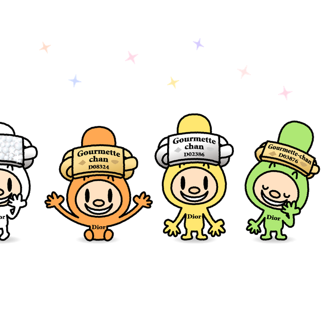 白、オレンジ、黄、緑のゴルメットちゃんが並ぶ右ページ