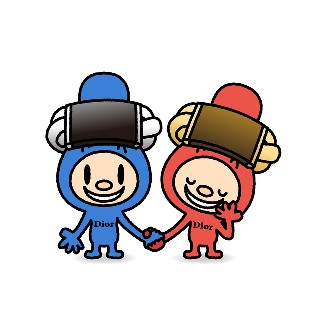 手をつないで並ぶ青と赤のゴルメットちゃん